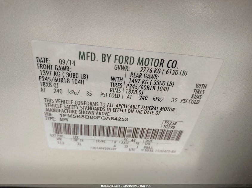 2015 FORD EXPLORER VIN: 1FM5K8B80FGA84253