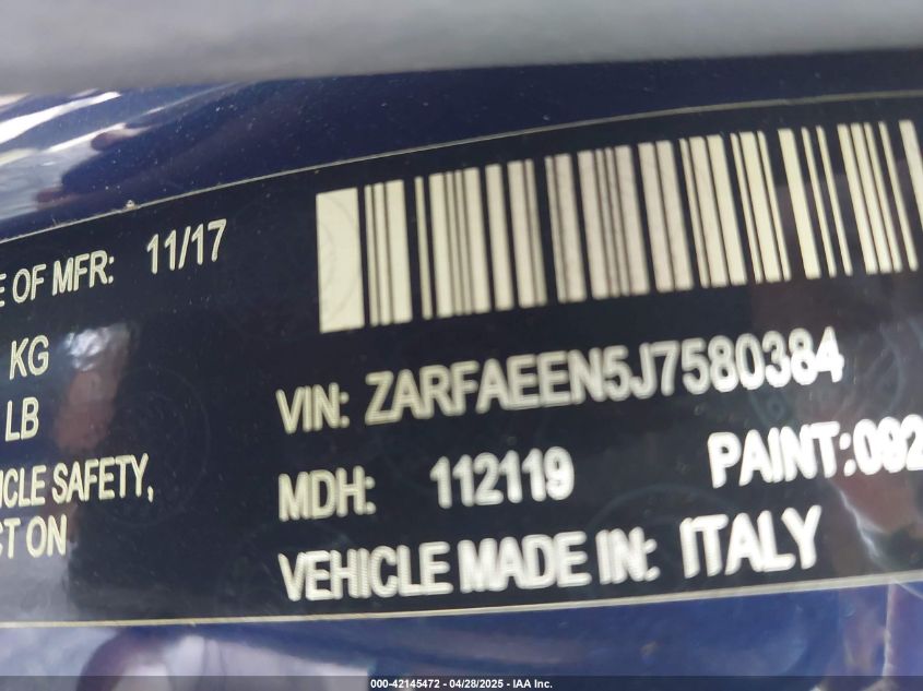 2018 Alfa Romeo Giulia Ti Lusso Awd VIN: ZARFAEEN5J7580384 Lot: 42145472