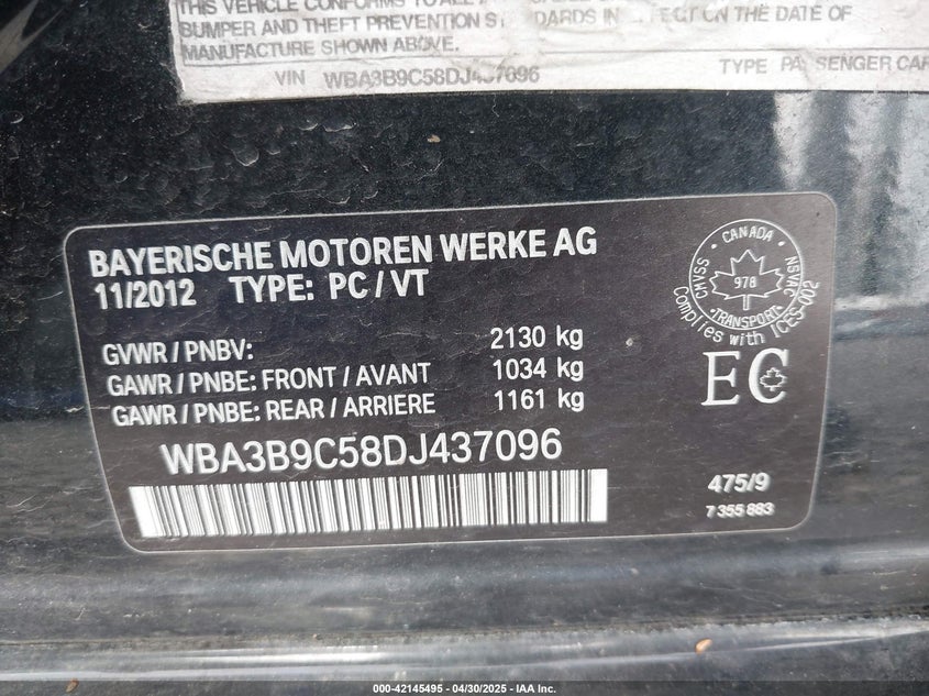 2013 BMW 335I VIN: WBA3B9C58DJ437096