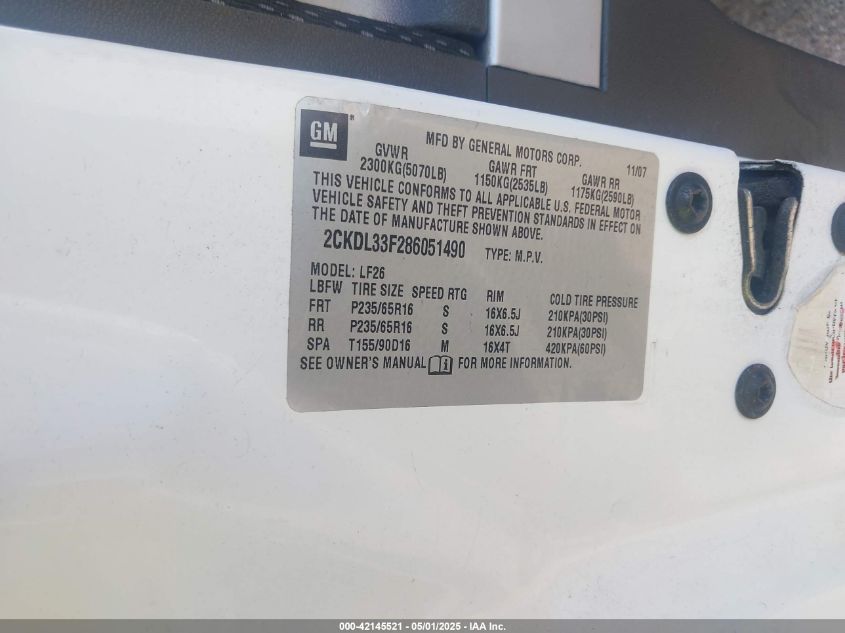 2008 Pontiac Torrent VIN: 2CKDL33F286051490 Lot: 42145521