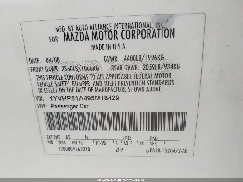 2009 MAZDA MAZDA6 VIN: 1YVHP81A495M18429