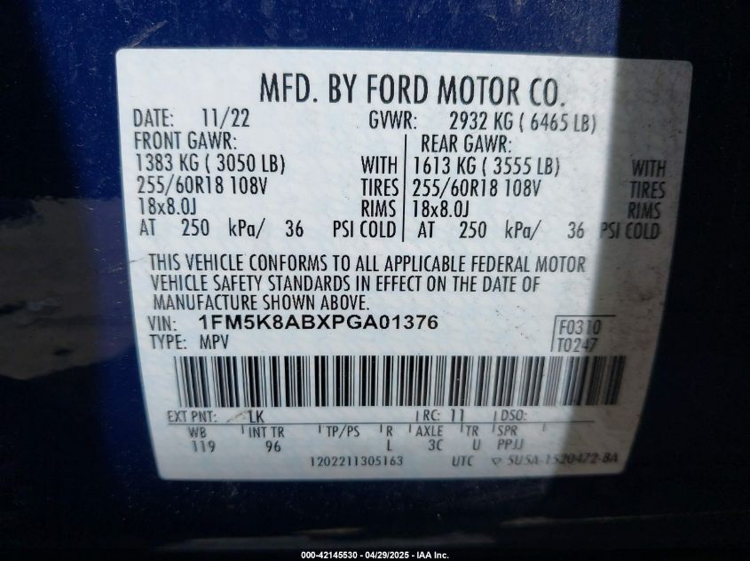 2023 Ford Police Interceptor VIN: 1FM5K8ABXPGA01376 Lot: 42145530