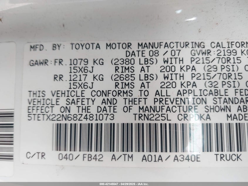 2008 TOYOTA TACOMA VIN: 5TETX22N68Z481073