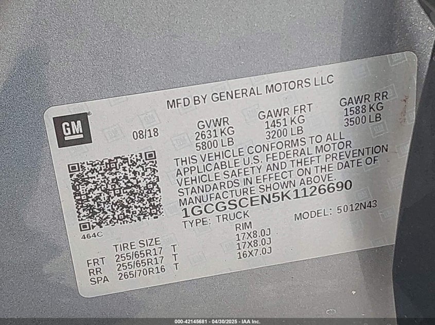 2019 CHEVROLET COLORADO LT - 1GCGSCEN5K1126690