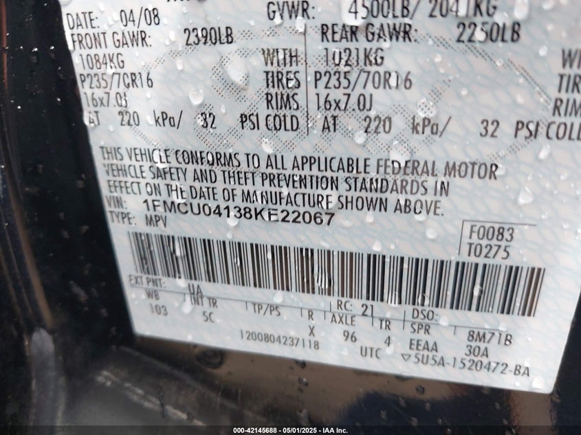 2008 FORD ESCAPE VIN: 1FMCU04138KE22067