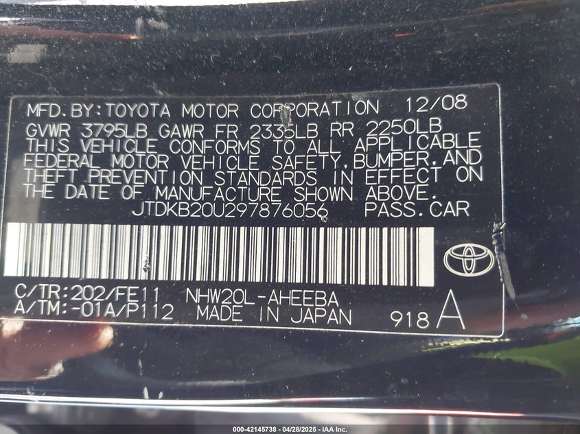 2009 TOYOTA PRIUS VIN: JTDKB20U297876056