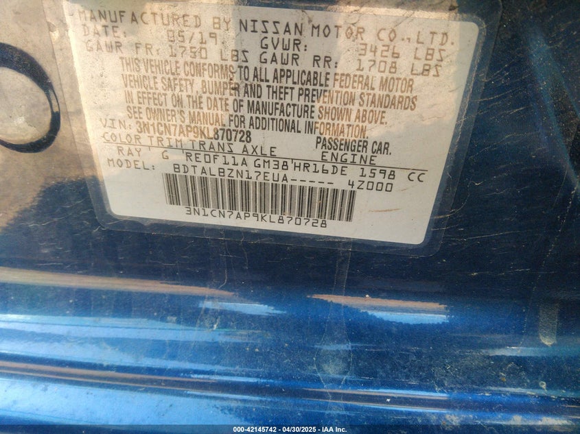 2019 NISSAN VERSA 1.6 SV - 3N1CN7AP9KL870728