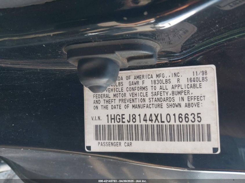 1999 Honda Civic Ex VIN: 1HGEJ8144XL016635 Lot: 42145783