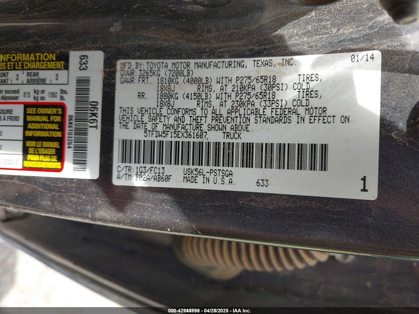 2014 TOYOTA TUNDRA VIN: 5TFDW5F15EX361607