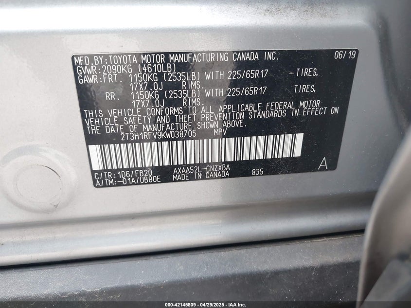 VIN 2T3H1RFV9KW038705 2019 TOYOTA RAV4 LE