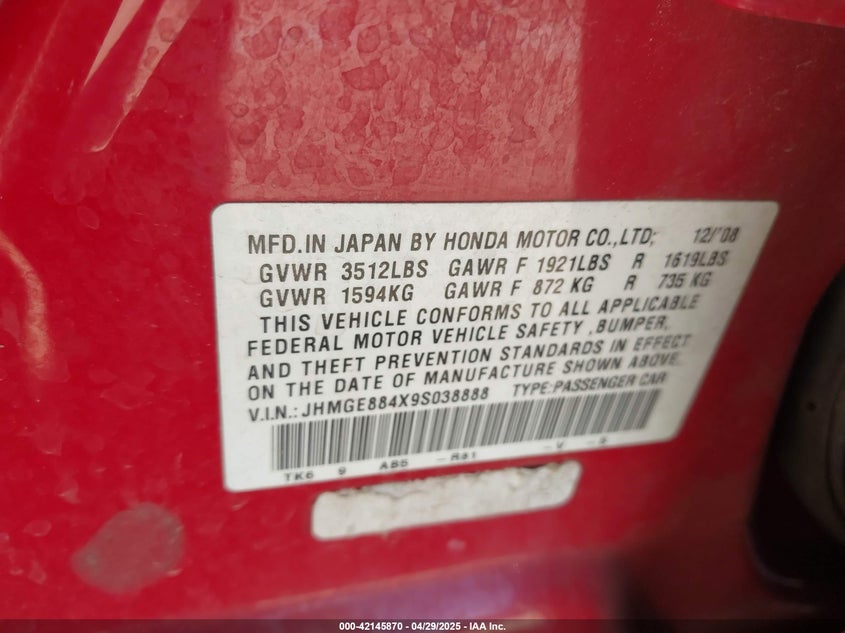 2009 HONDA FIT VIN: JHMGE884X9S038888