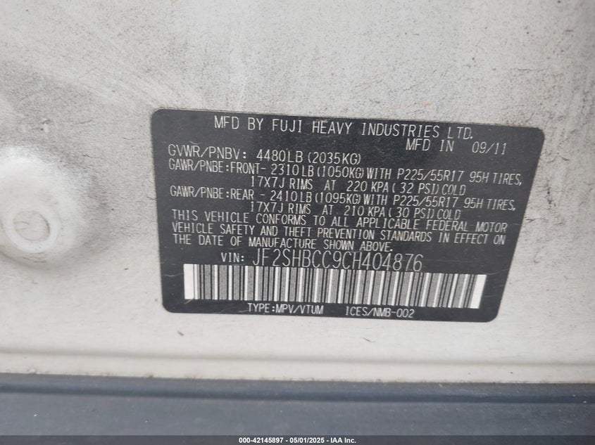 2012 SUBARU FORESTER VIN: JF2SHBCC9CH404876