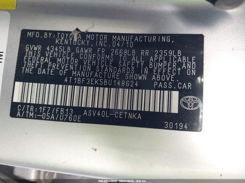 2011 TOYOTA CAMRY VIN: 4T1BF3EK5BU148624