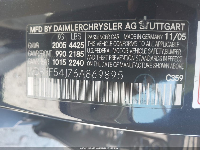 2006 MERCEDES-BENZ C 280 VIN: WDBRF54J76A869895