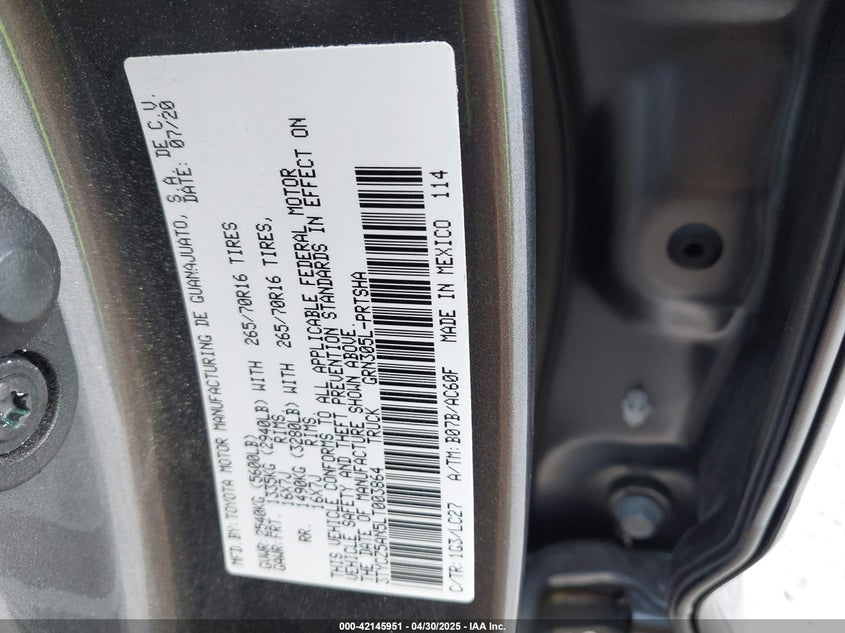 2020 TOYOTA TACOMA VIN: 3TYCZ5AN5LT003864