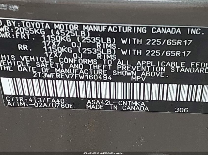 2015 Toyota Rav4 Xle VIN: 2T3WFREV7FW160494 Lot: 42146038