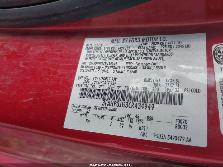 2012 FORD FUSION VIN: 3FAHP0JG3CR434949