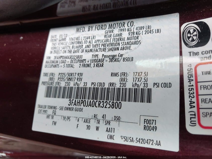 2012 FORD FUSION VIN: 3FAHP0JA0CR325800