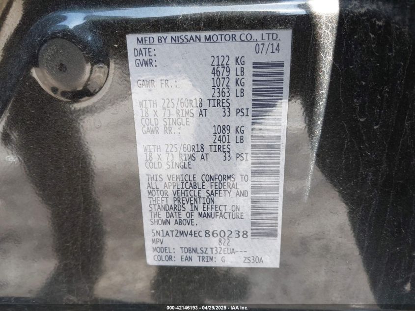 2014 Nissan Rogue Sl VIN: 5N1AT2MV4EC860238 Lot: 42146193