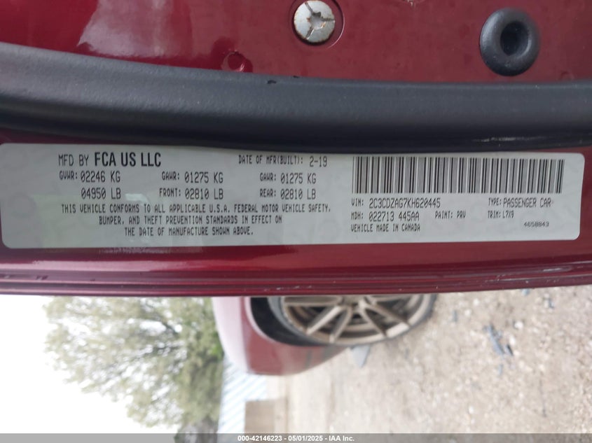 VIN 2C3CDZAG7KH620445 2019 DODGE CHALLENGER SXT