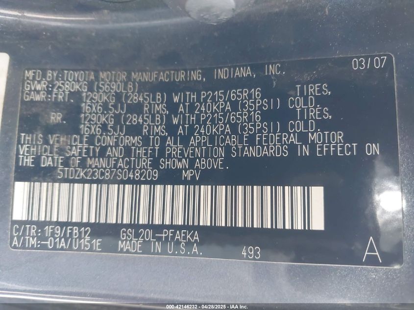 2007 Toyota Sienna Ce VIN: 5TDZK23C87S048209 Lot: 42146232