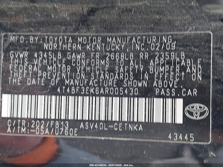 2010 TOYOTA CAMRY VIN: 4T4BF3EK6AR005430