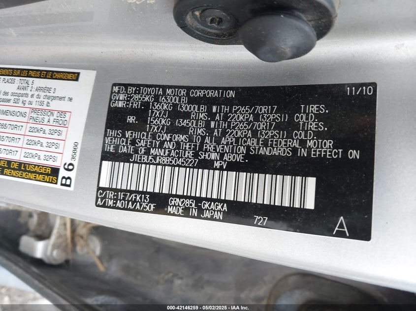 2011 TOYOTA 4RUNNER VIN: JTEBU5JR8B5045227