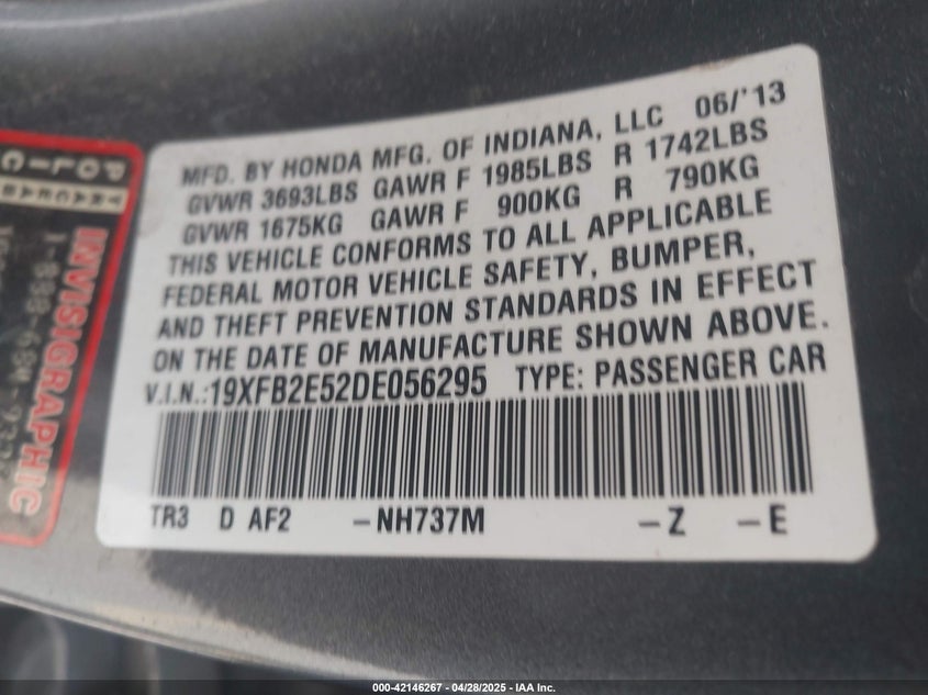 2013 HONDA CIVIC VIN: 19XFB2E52DE056295