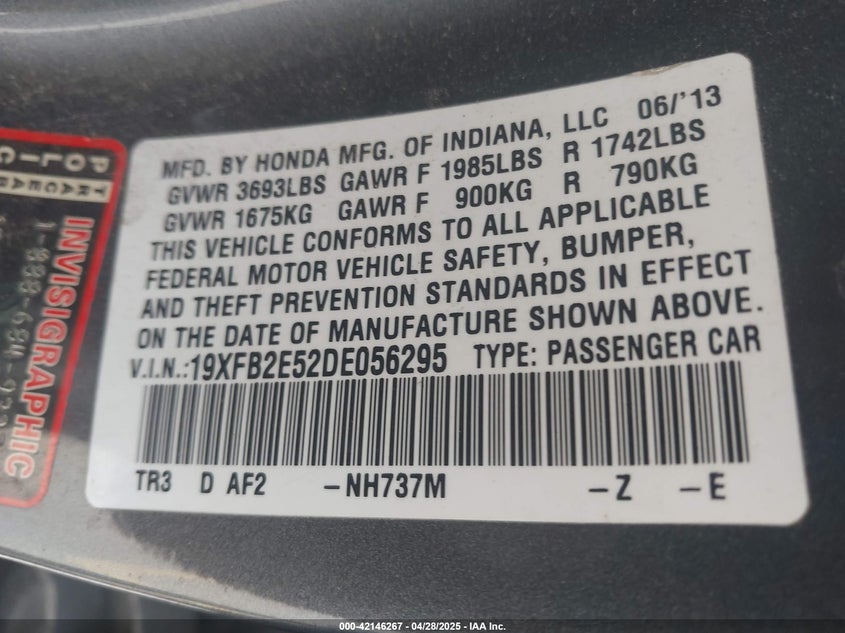 2013 HONDA CIVIC VIN: 19XFB2E52DE056295