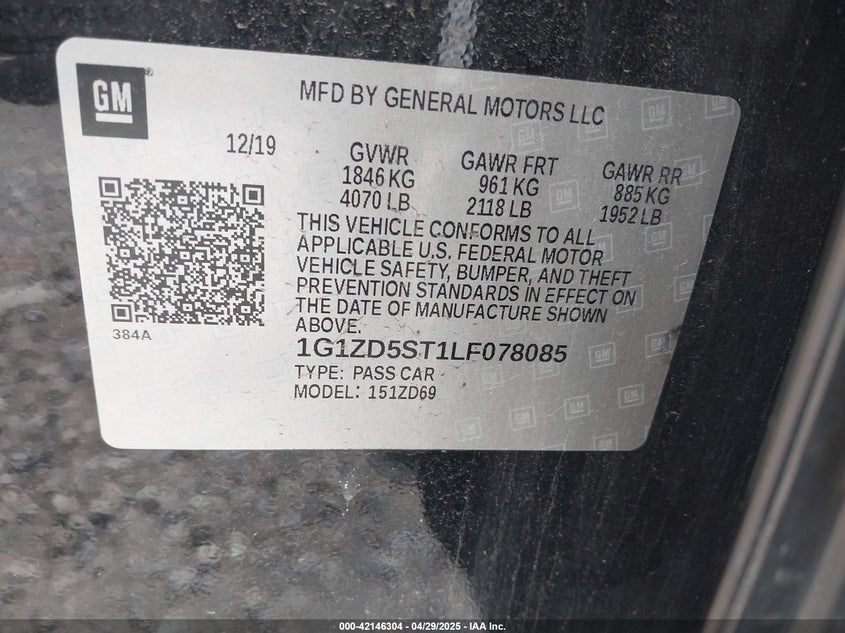 2020 CHEVROLET MALIBU VIN: 1G1ZD5ST1LF078085