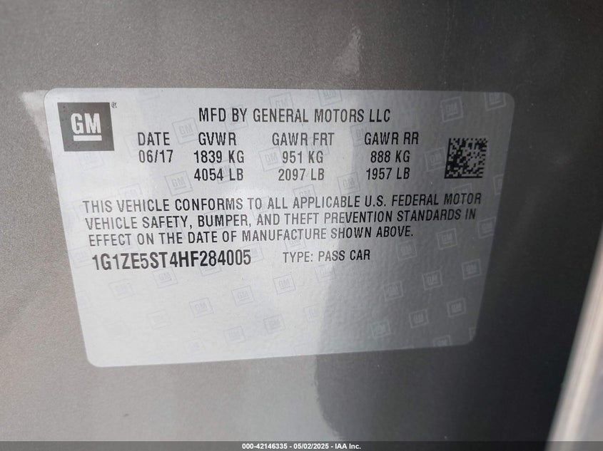2017 CHEVROLET MALIBU VIN: 1G1ZE5ST4HF284005