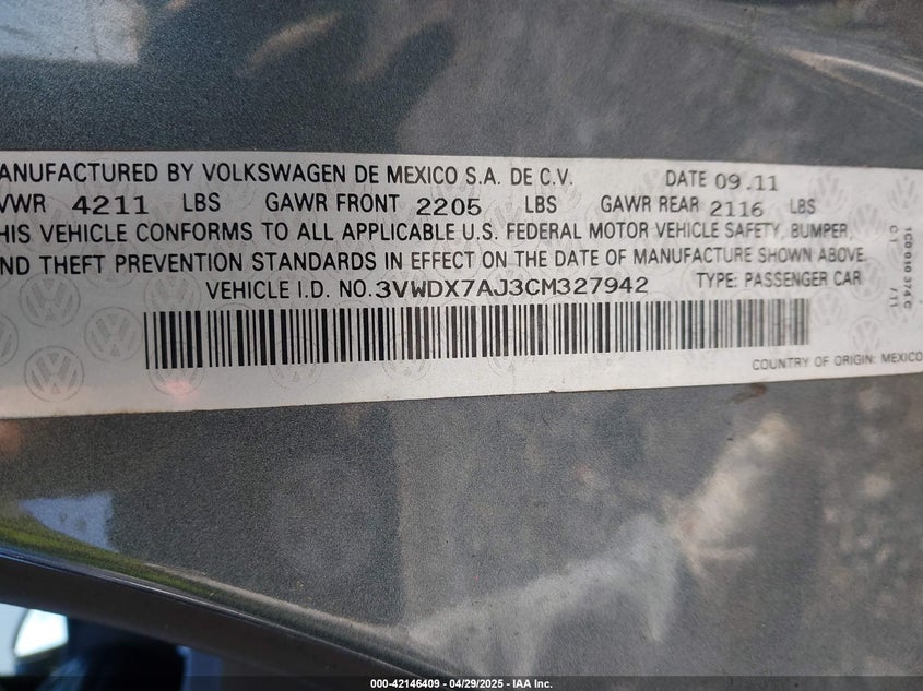 2012 VOLKSWAGEN JETTA VIN: 3VWDX7AJ3CM327942