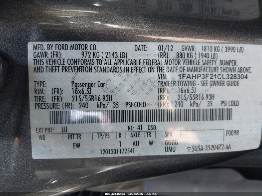 2012 FORD FOCUS VIN: 1FAHP3F21CL328304