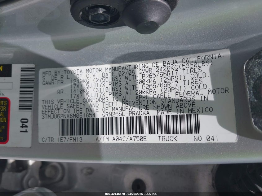 2008 TOYOTA TACOMA VIN: 3TMJU62NX8M061854