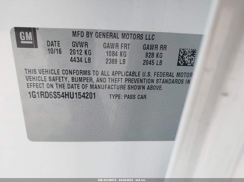 2017 CHEVROLET VOLT VIN: 1G1RD6S54HU154201