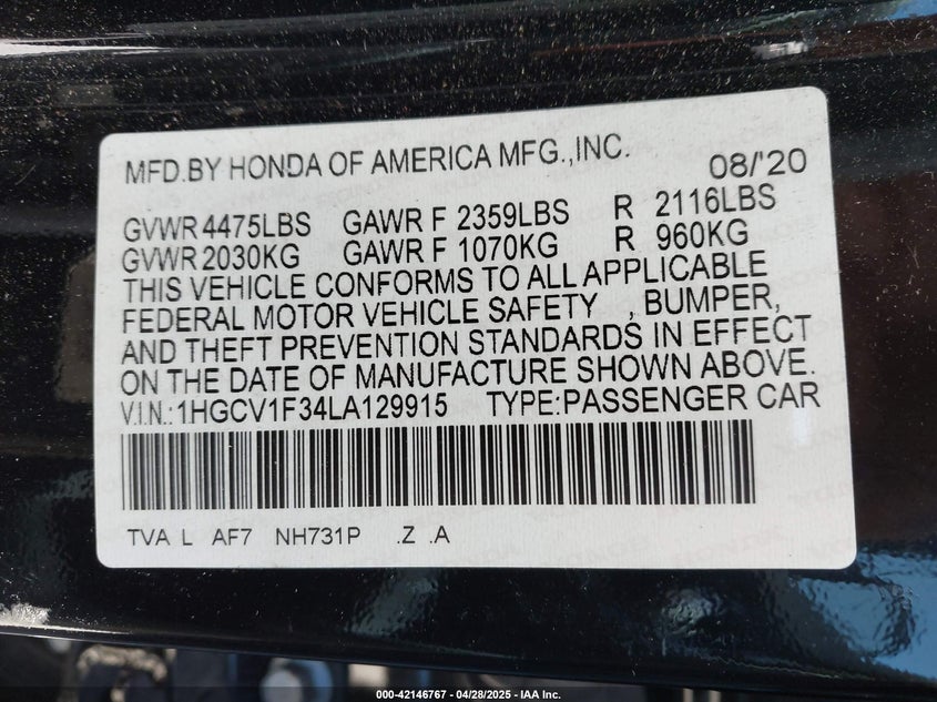 2020 HONDA ACCORD SPORT - 1HGCV1F34LA129915