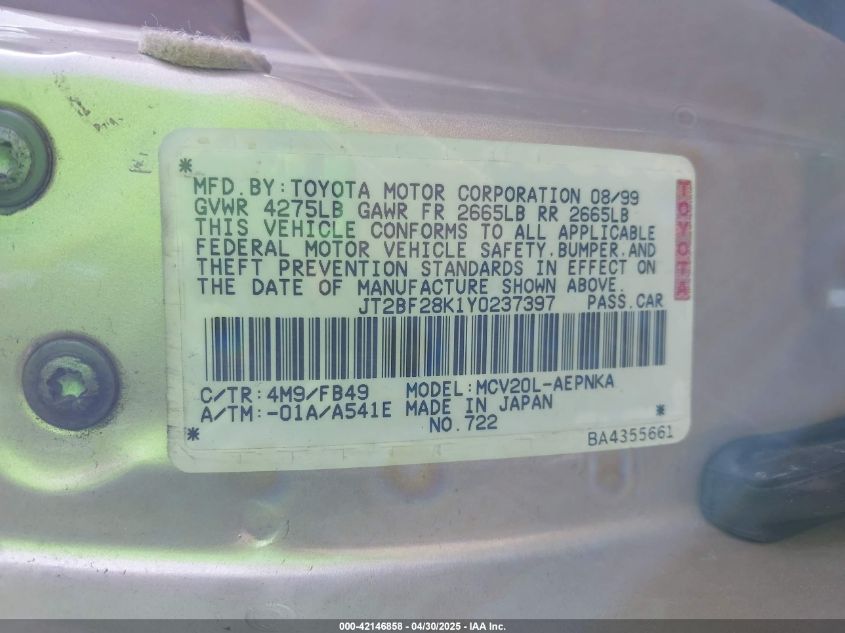 2000 Toyota Camry Le V6 VIN: JT2BF28K1Y0237397 Lot: 42146858