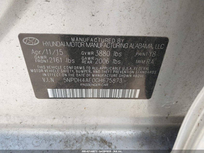 2016 HYUNDAI ELANTRA VIN: 5NPDH4AE0GH675873