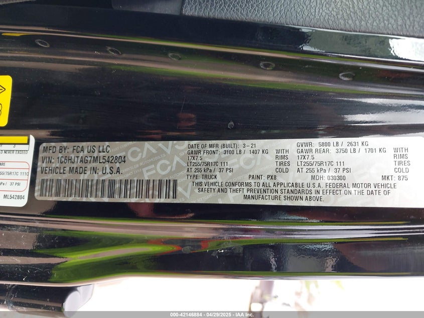 2021 JEEP GLADIATOR VIN: 1C6HJTAG7ML542804