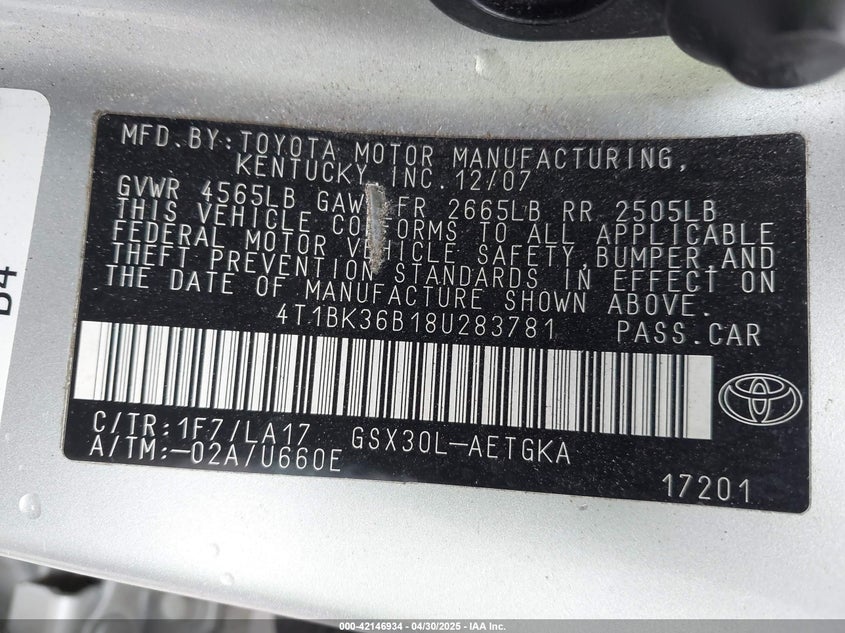 2008 TOYOTA AVALON VIN: 4T1BK36B18U283781