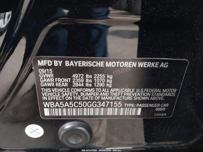 2016 BMW 528I VIN: WBA5A5C50GG347155