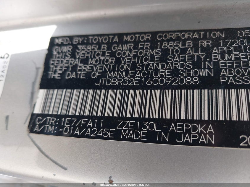 2006 TOYOTA COROLLA VIN: JTDBR32E160092088