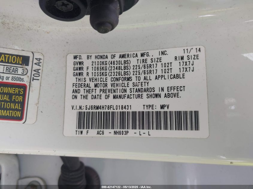 2015 Honda Cr-V Ex-L VIN: 5J6RM4H78FL018431 Lot: 42147122