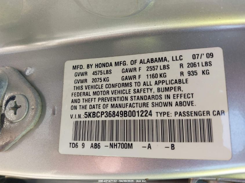 2009 Honda Accord 3.5 Ex-L VIN: 5KBCP36849B001224 Lot: 42147132