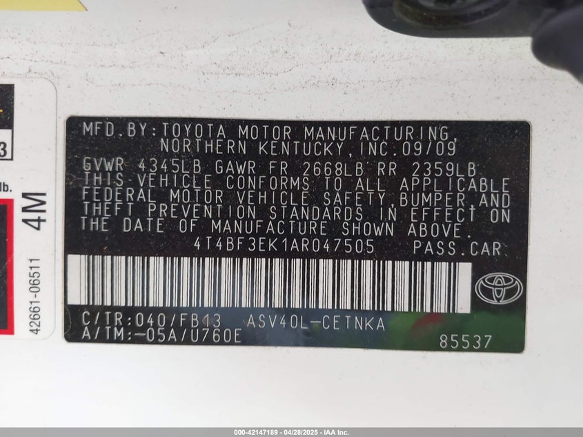 2010 TOYOTA CAMRY VIN: 4T4BF3EK1AR047505