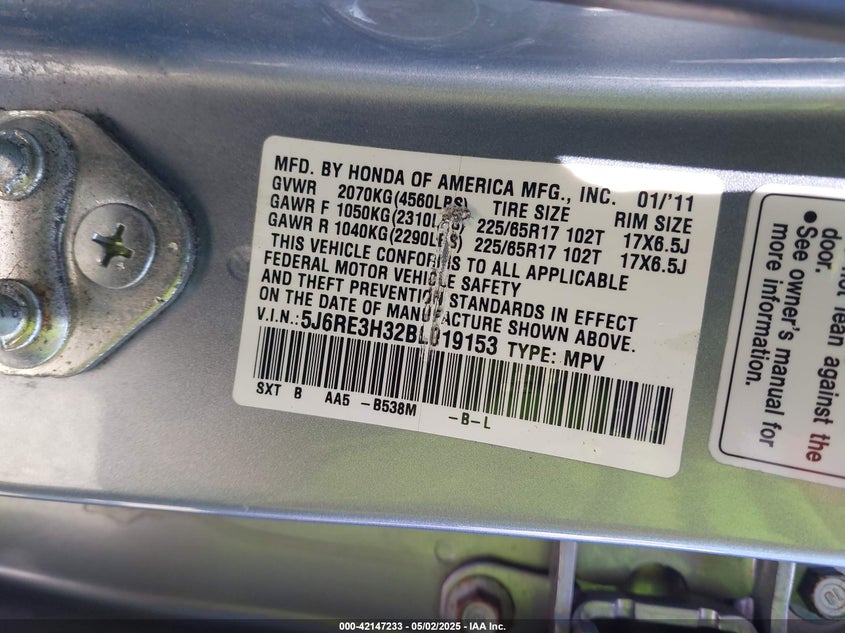 2011 HONDA CR-V VIN: 5J6RE3H32BL019153