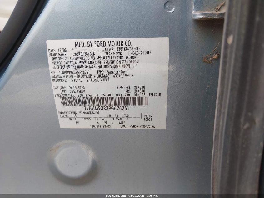 2009 Lincoln Mks VIN: 1LNHM93R39G626261 Lot: 42147298