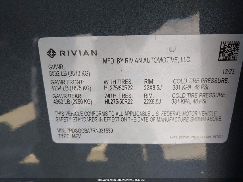 2024 RIVIAN R1S(VIN: 7PDSGCBA7RN031539