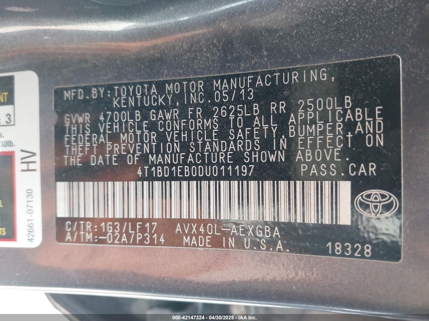 2013 TOYOTA AVALON HYBRID VIN: 4T1BD1EB0DU011197