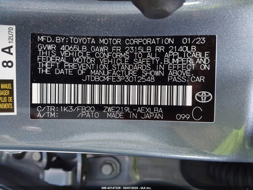 2023 TOYOTA COROLLA VIN: JTDBCMFE3P3012548